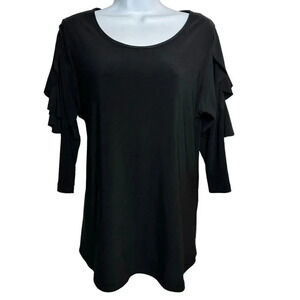 Sympli size 12 Black stretch jersey knit top ruffle sleeves scoop neck